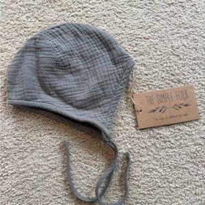 NWT The Simple Folk Muslin Bonnet 6-12M Gray Organic Cotton Tie